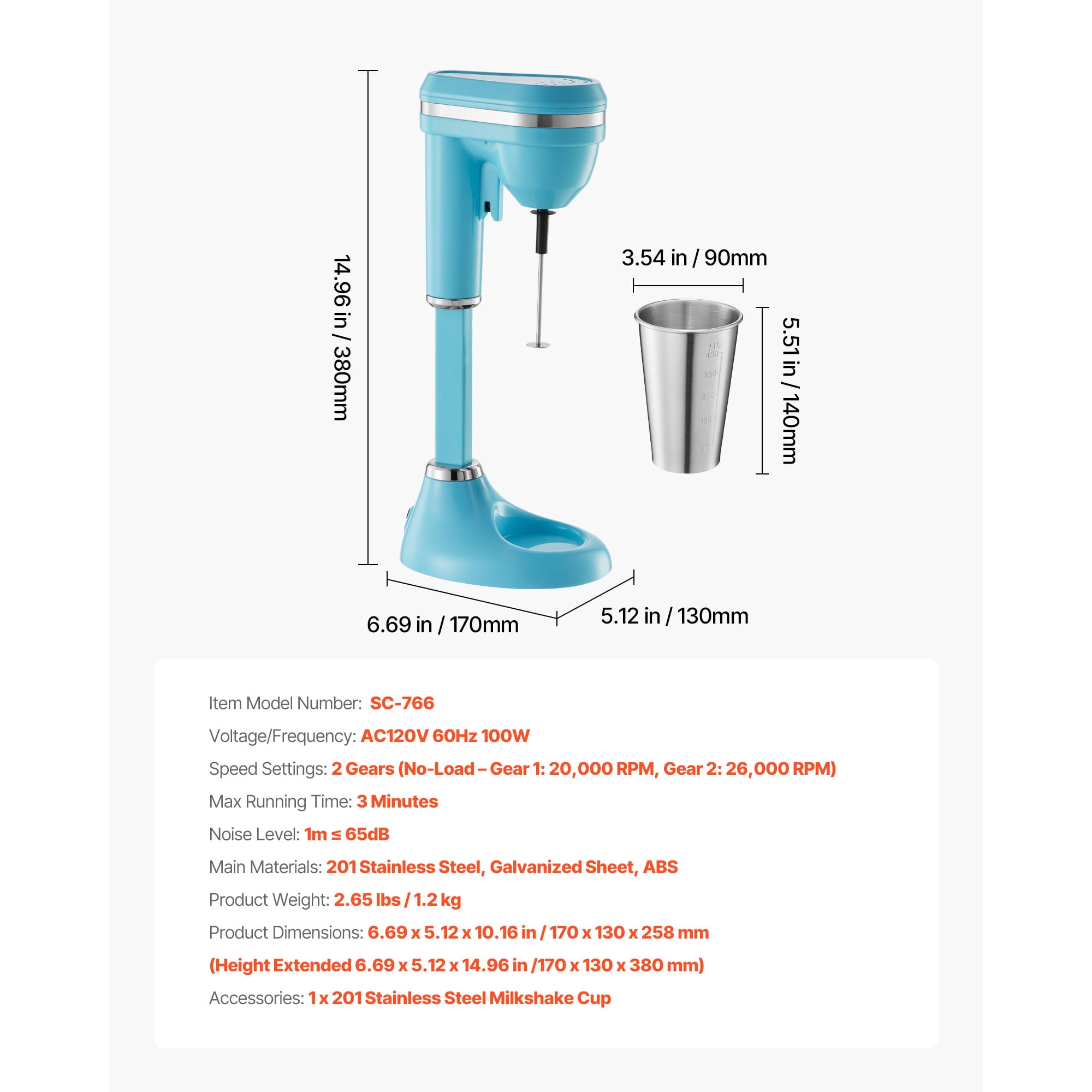 KFFKFF Milkshake Maker, 100W Drink Mixer Machine, Single-Head Blender with Dual-Speed Settings and Stainless Steel Cup, Ideal for Home, Kitchen, Bars, and Beverage Shops