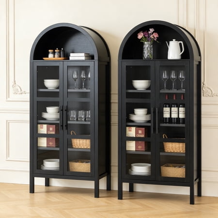 Leovanni 72 Tall Pantry Cabinet with Glass Doors Set of 2 Wood Kitchen Storage Cabinet with Adjustable Shelves and Anti-Tip Kit Arched Display Cabinet for Dining Room Living Room Black