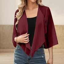 qolati Women Shrug Chiffon Cardigans Tie Front 3/4 Sleeve Open Front Bolero Cropped Cardigan Tops Irregular Hem Flowy Cover Up Wraps for Evening Dress Red L