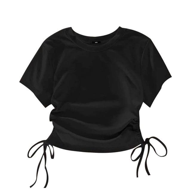 Haut à Manches Courtes avec Cordon de Serrage à la Taille pour Filles, Tissu en Mélange de Coton, Longueur Régulière, Col Rond, Tenue Décontractée Printemps Été, Prêt pour Séance Photo