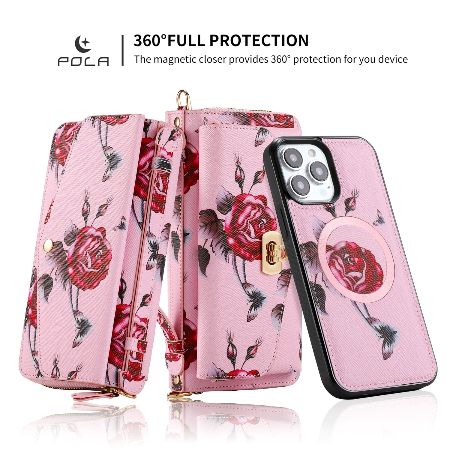 SaniMore Magnetic Detachable Wallet Case for iPhone 13 Pro Max, Flower Pattern RFID Blocking Cover Support Wireless Charging Card Slot Shoulder & Wrist Strap 360° Full Protective Shell, Pink