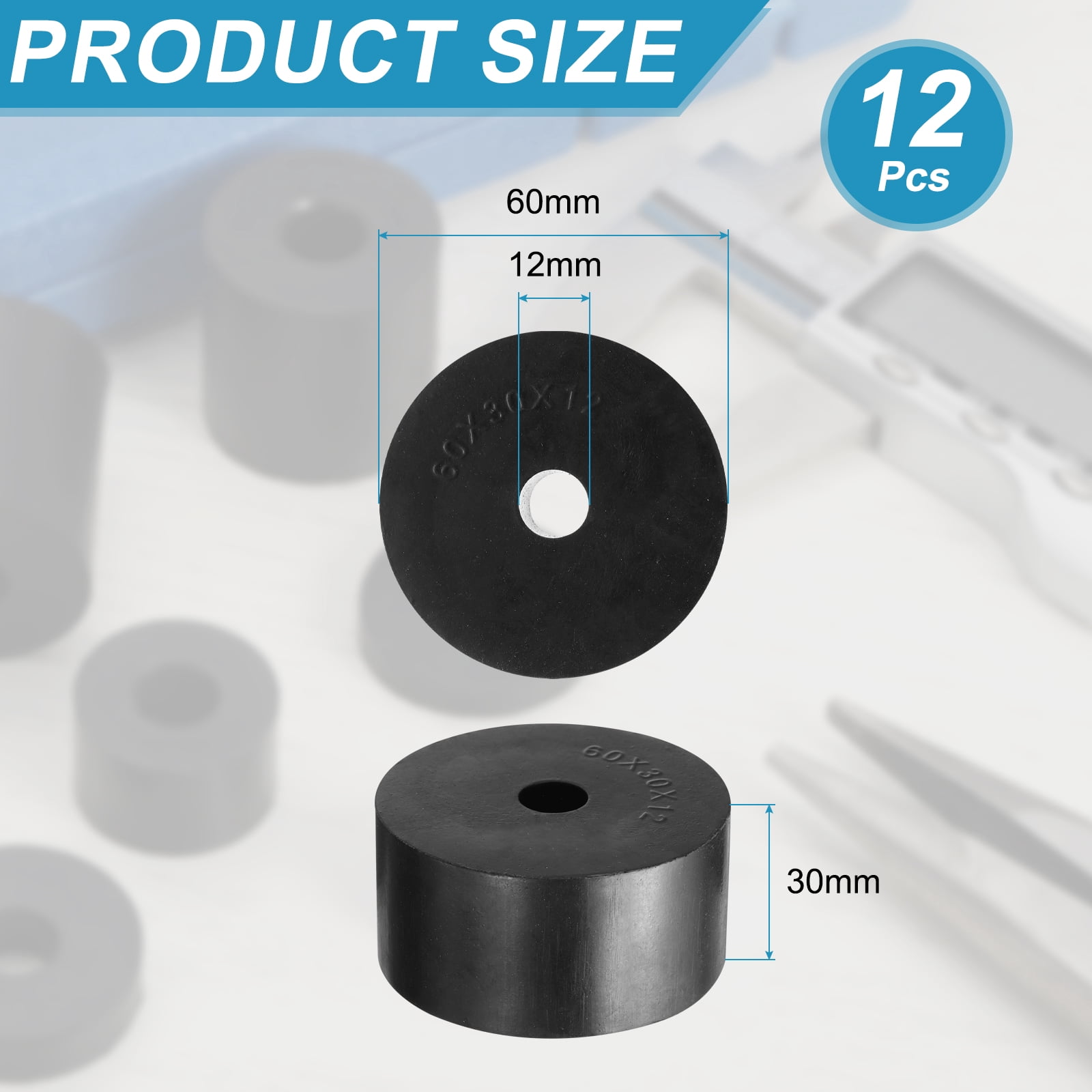 12pcs Rubber Spacers 60mm OD x 12mm ID x 30mm Height Round Anti Vibration Spacer
