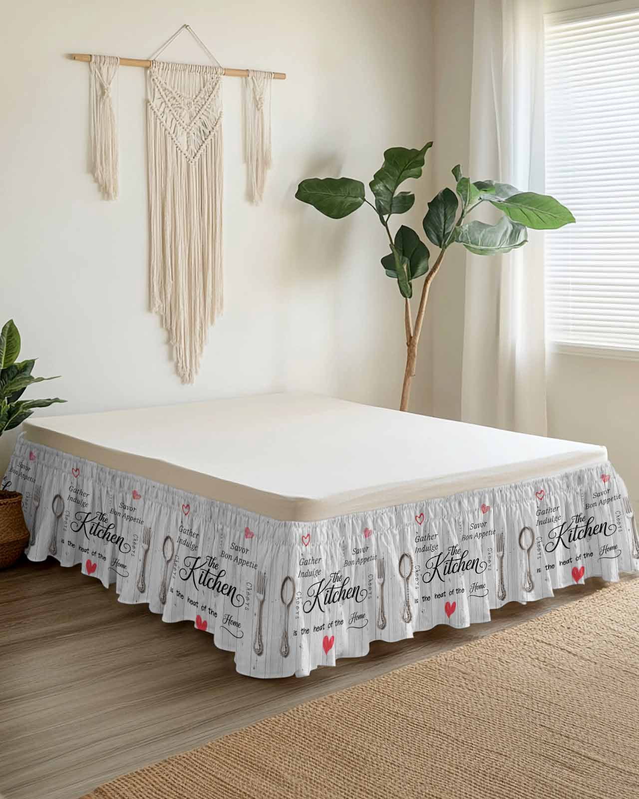 Grey Retro Art Wrap Around Bed Skirts for King Bed 18" Drop,Bed Skirt with Adjustable Elastic Belt Dust Ruffle Bed Valance for Bedroom Hotel Luxury Spoon Fork Vintage Farmhouse Wooden Bed Frame Cover