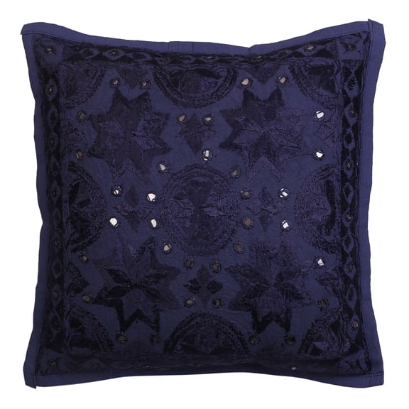 Stylo Culture Indian Sofa Throw Pillow Cover 16 x 16 Embroidered Dark Blue Bohemian 40x40 cm Bedroom Decor Pillowcase Cotton Mirrored Square Cushion Cover | 1 Pc