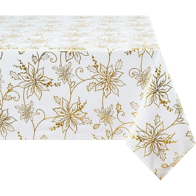 Christmas Tablecloth 60×84 Inch, Poinsettia Christmas Table Cloth for Winter, Gold Christmas Tablecloths, Christmas Decorative Table Cover for Table, Kitchen, Dining, Holiday