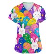 thumbnail image 2 of OIOLOYJM Easter Scrubs Tops for Women Happy Stretch Bunny Eggs Graphic Tops Short Sleeve V Neck Nursing Shirts Soft Elegant T Shirts with 2 Pockets Purple 3XL, 2 of 5