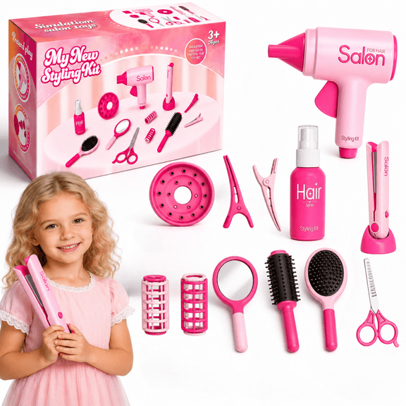 ZIOBLW Kids Hair Salon Pretend Play Set 12 Pcs Beauty Styling Kit with Toy Hair Dryer, Scissors, Comb, Accessories for Girls Ages 3-8 Birthday Christmas Gift