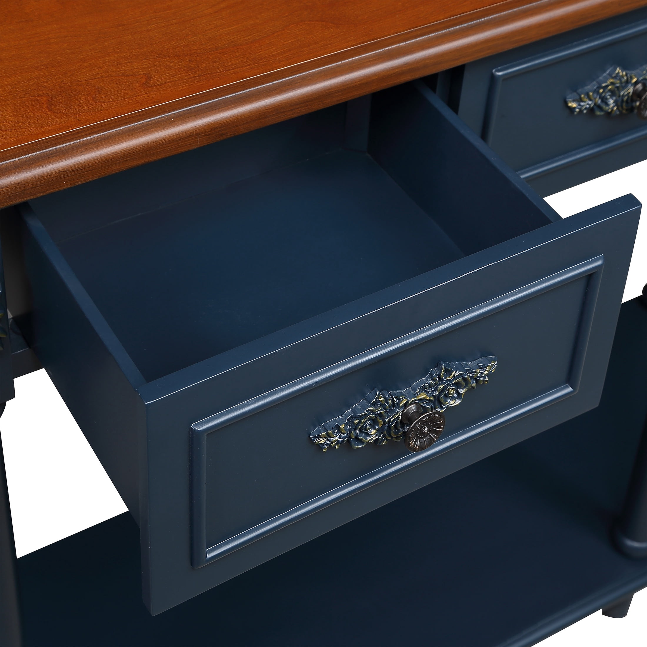 PORKISS Solid Pine Wood Console Table, Entryway Table Hallway Table with 2 Drawers Roman Legs, Retro Sofa Table for Living Room, Foyer, Navy Blue