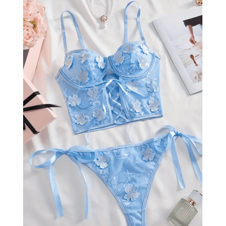 Blue Bustier Floral Lingerie Set