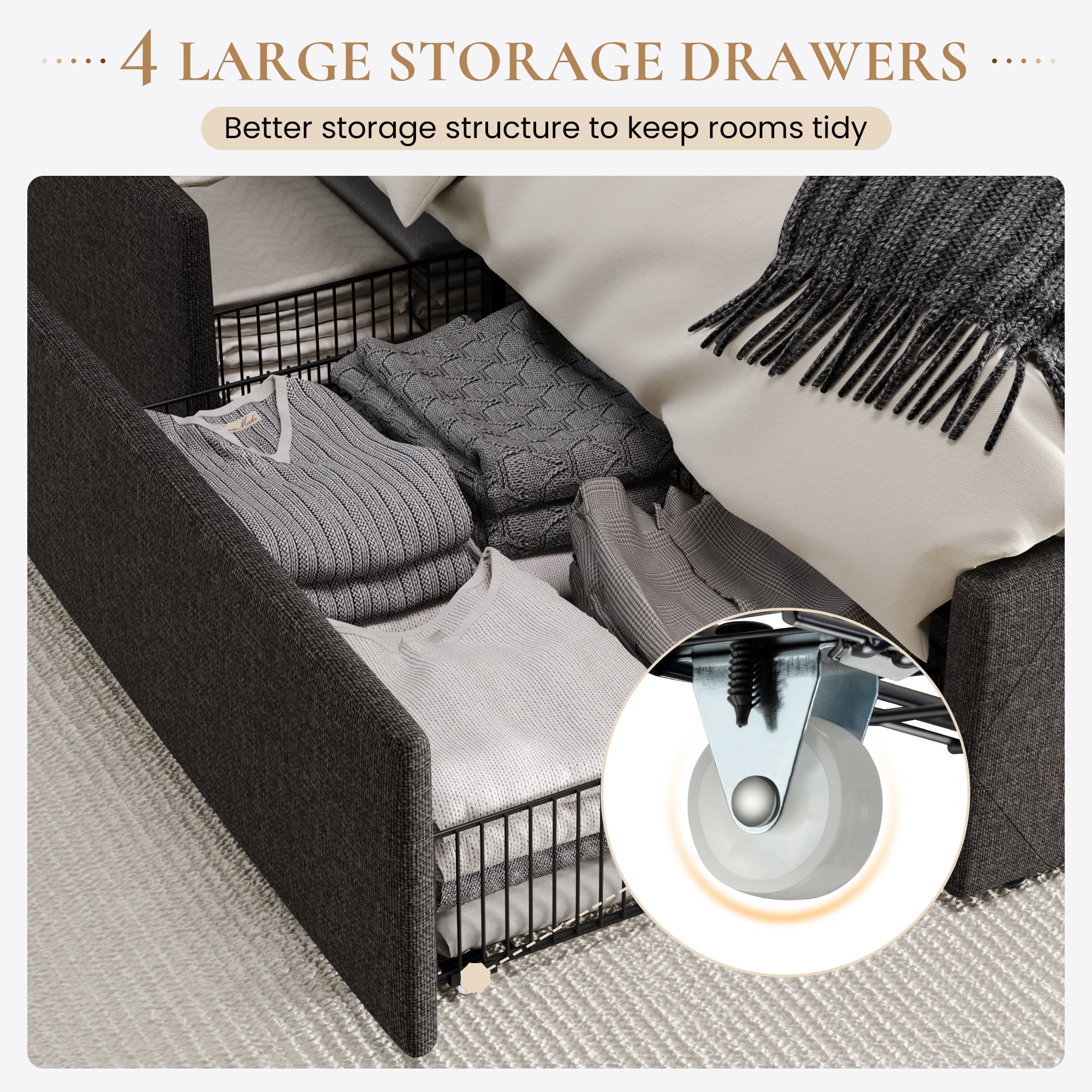 SHA CERLIN Dark Grey Queen Size Platform Bed Frame with 4 Storage Drawers & Wingback Headboard, Adult