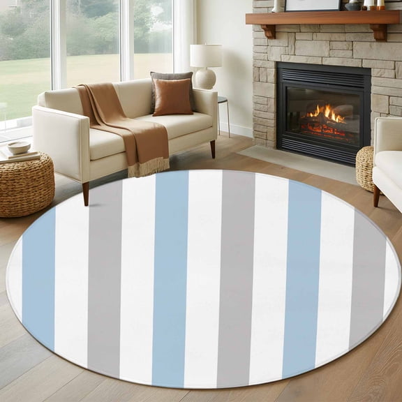 Light Blue Grey Stripe Round Rug 5ft Washable Circle Kitchen Rugs Non Slip Modern Farmhouse Vertical Striped Large Area Rug Indoor Floor Carpet for Bedroom Living Room Home Office Dining Room Nursery