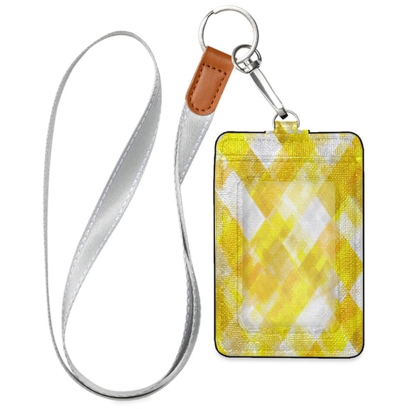 PU Leather Badge Holder ID Badge Holder with Lanyard for Cards & Credentials Yellow and White Checkered Squares