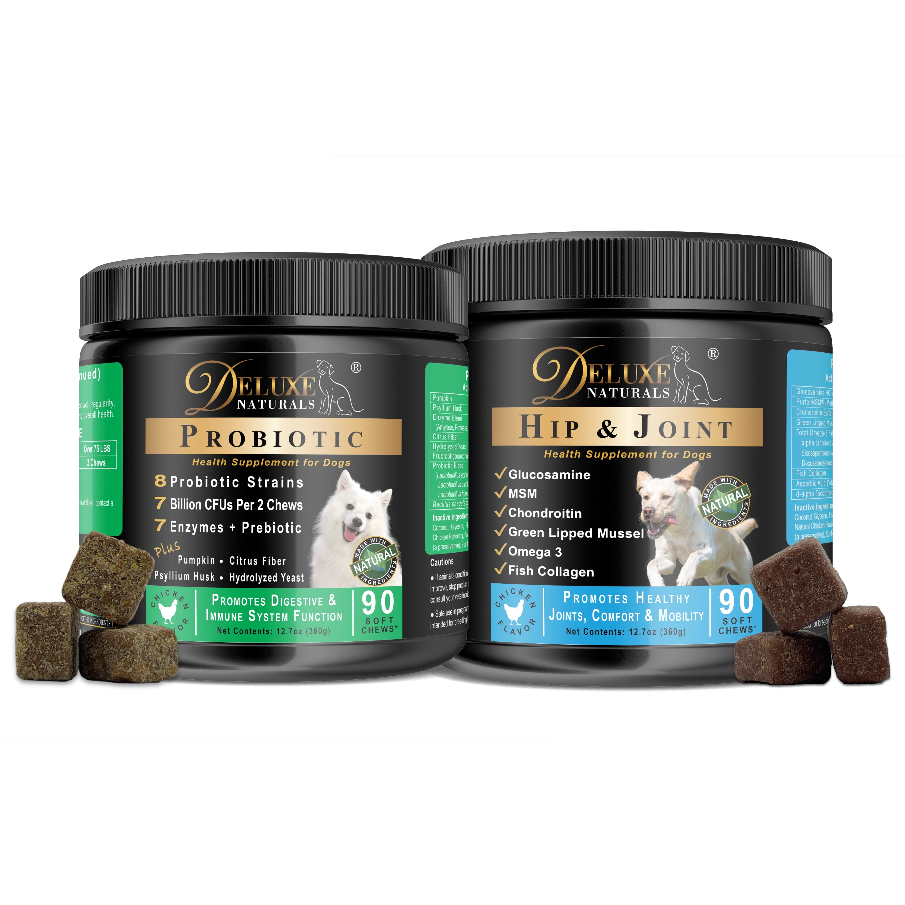 Deluxe Naturals Hip & Joint + Probiotic Soft Chews for Dogs Bundle with