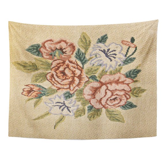 ZEALGNED Beige Petit Point Stitches Handwork Bunch Flower As Wall Art Hanging Tapestry Home Decor for Living Room Bedroom Dorm 51x60 inch