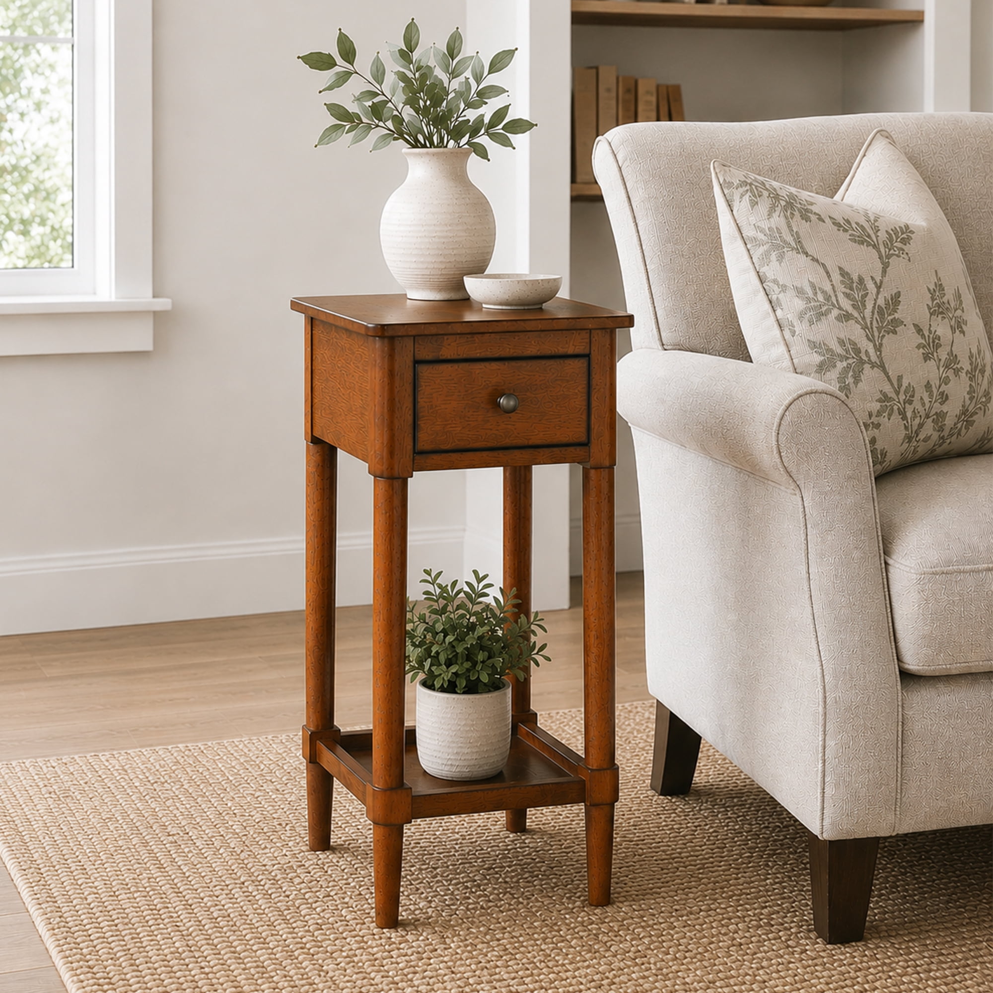 Convenience Concepts French Country Kourtney No Tools 1 Drawer Accent Table with Shelf, Vintage Walnut