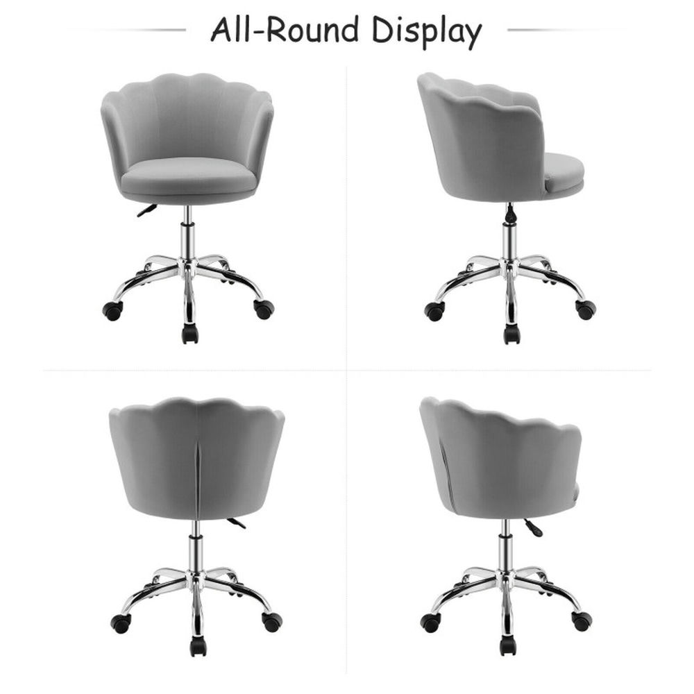 Demi Bonn Upholstered Velvet Desk Chair with Wheels and Seashell Back, Rolling Work Computer Office Chair, Gray