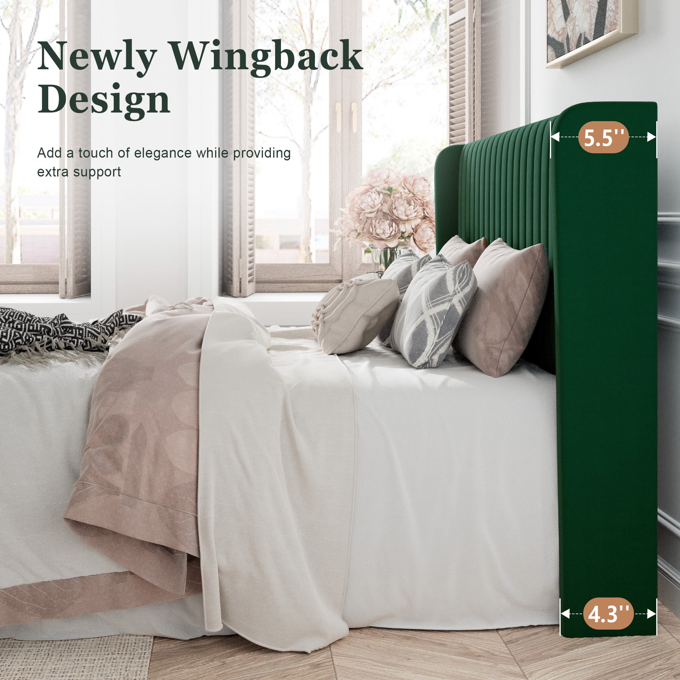 Amolife King Size Bed Frame with Wingback Headboard, Velvet Vertical Stripe Upholstery, Green  (图4)