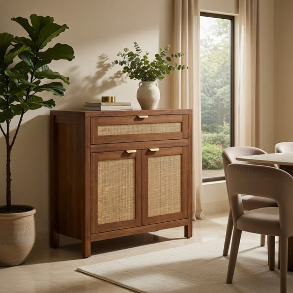 Demi Bonn Rattan Sideboard Cabinet,2-Door 1 Drawer,Adjustable Shelf Anti-Tip,Brown