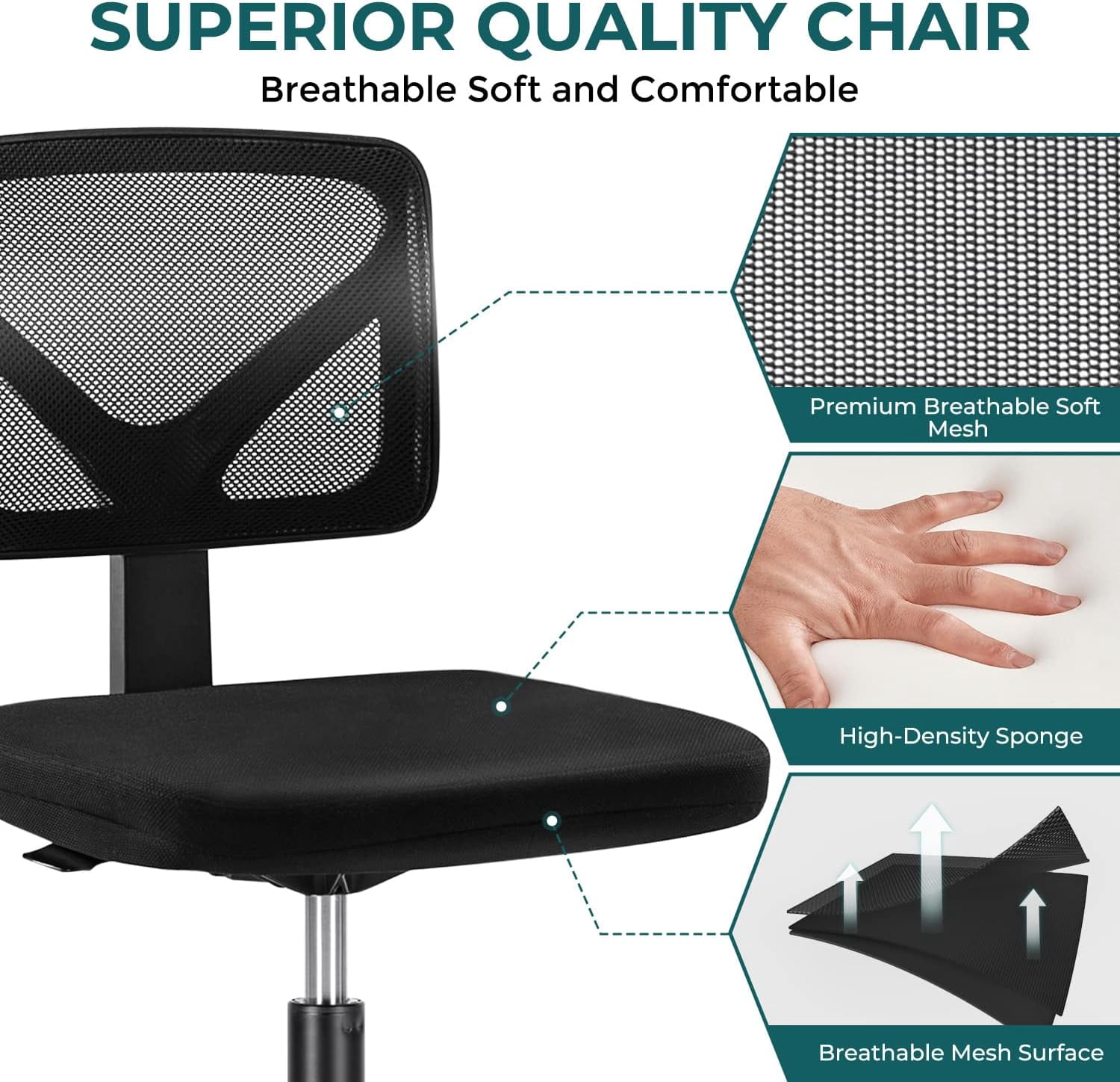 Armless Mesh Office Chair, Ergonomic Low-Back Swivel Desk Chair with Wheels and Lumbar Support, Height Adjustable, Black