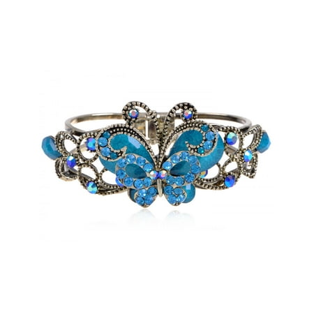 Aquamarine Cuff - Vintage Aquamarine Ocean Crystal Rhinestone Butterfly Bangle Bracelet Cuff