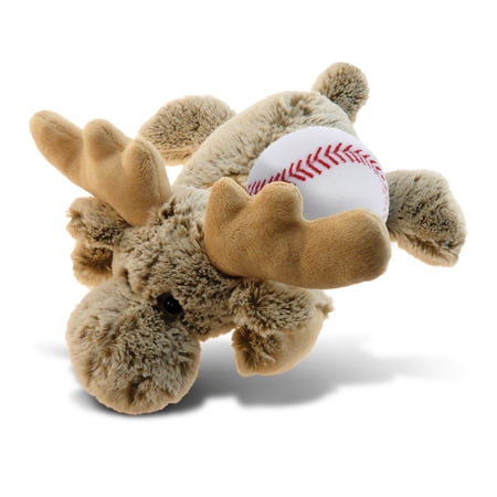 DolliBu Lying Moose Stuffed Animal with Baseball Plush – Soft Huggable Moose Adorable Playtime Moose Plush Toy Cute Wildlife Gift Baseball Plush Doll Animal Toy for Kids and Adults – 9.5 Inches