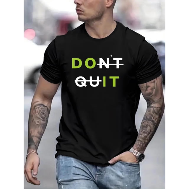 Men's Casual Short Sleeve T-Shirt with Unique 'Don't Quit' Print - Soft Polyester Blend, Stretch Fit, Round Neck - Perfect for Summer