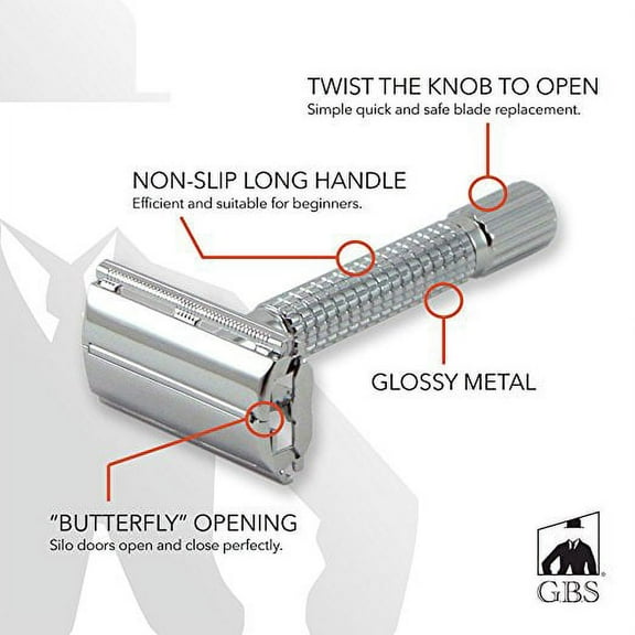 Polished Chrome Steel Butterfly Safety Razor - Razor Case   10 blades included in Gift Box