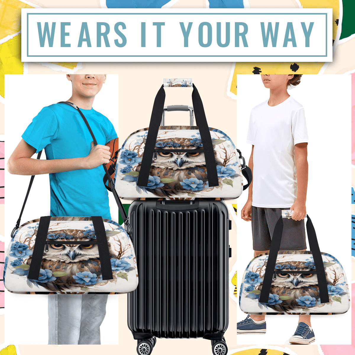 Herdesigns Cartoon Owl Sports Duffle Bag for Women & Men, Flower Owl Gym Bag Dance Bag Overnight Bag Carry On Weekender Travel Bag