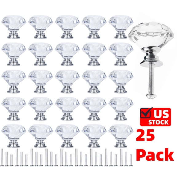 25 Pcs Drawer Knobs Diamond Shaped Crystal Glass 30mm Cabinet Knobs Pull Handles (30 mm,25 mm, 20 mm, 25 Pack, Silver)