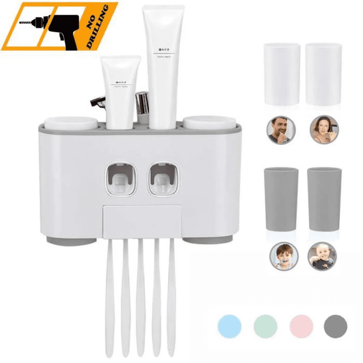 Toothbrush Holder Wall Mounted, Automatic Toothpaste Dispenser and Toothbrush Holder, 2 Toothpaste Squeezer With 5 Brushes With 4 Cups