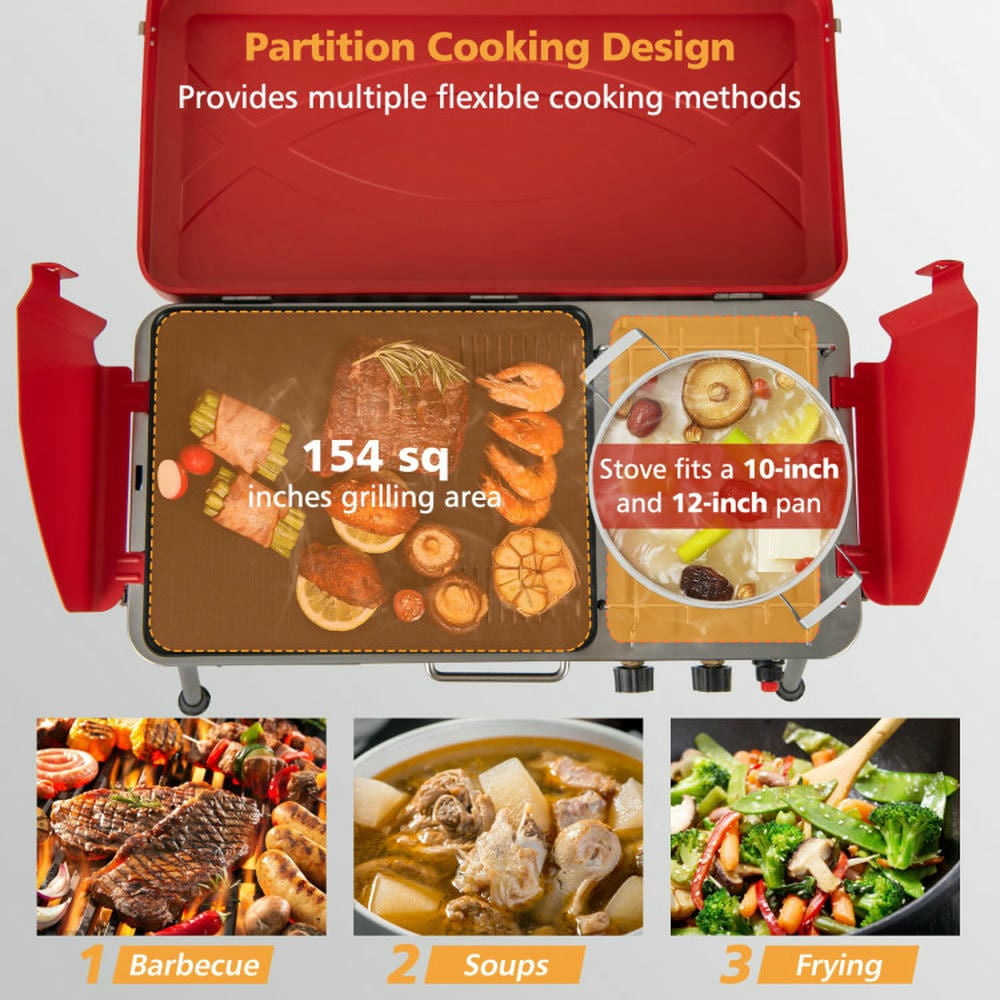 Barara King BBQ Grill, Outdoor Camping Grill,2-in-1 Gas Camping Grill and Stove with 4 Detachable Legs-Red