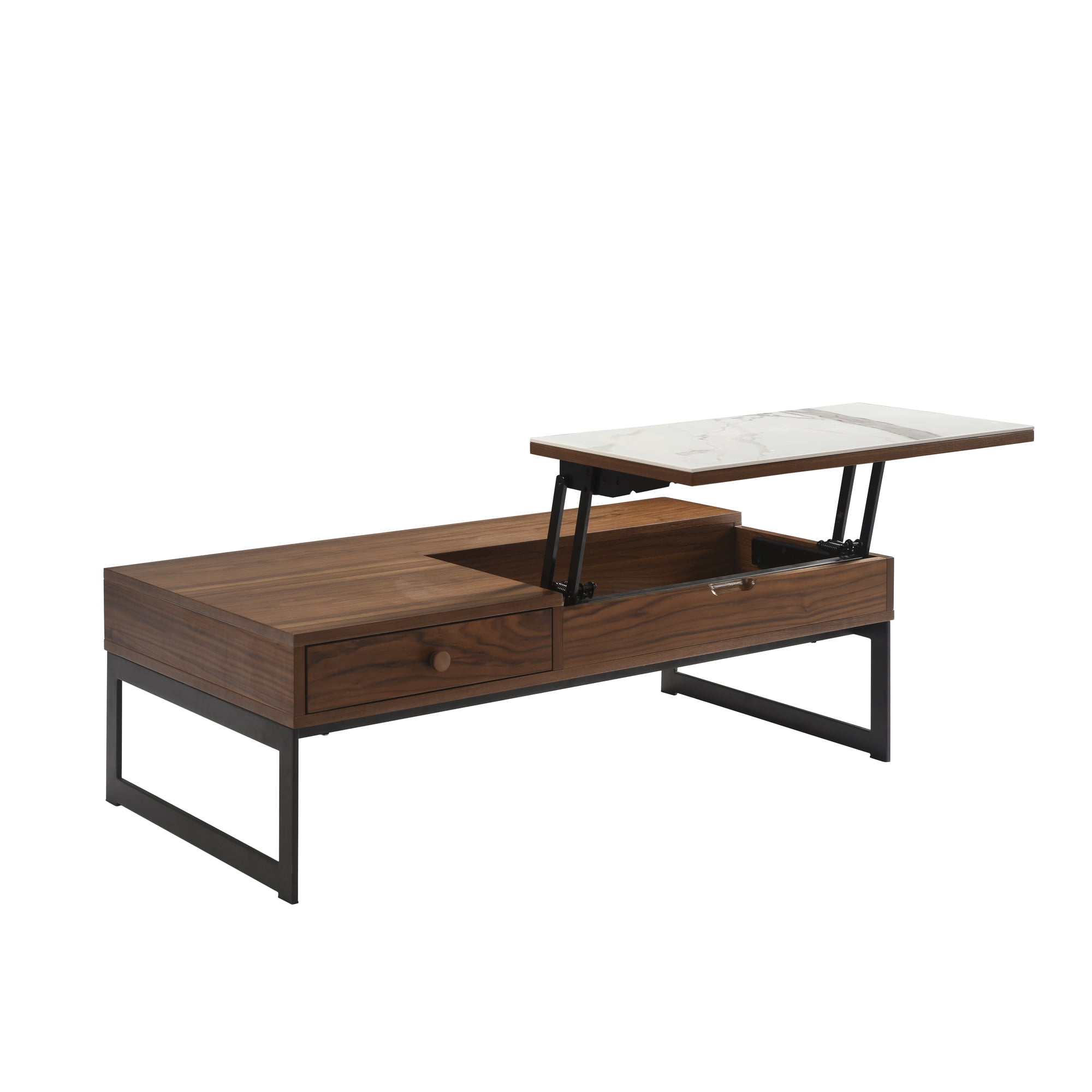 Faye Transitional Rectangular Lift-Top Coffee Table in Walnut Finish with Sintered Stone Panel and Black Metal Base