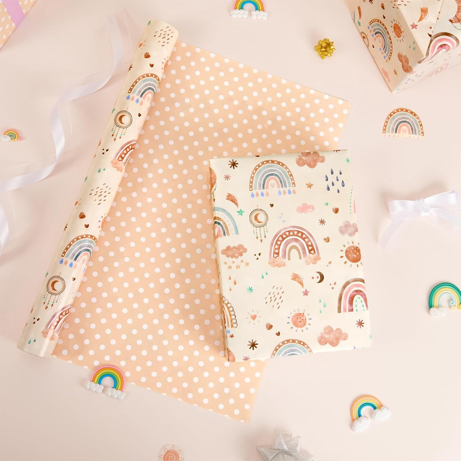 Rainbow Gift Wrapping Paper Roll - 1 Roll 17” x 33 ft  Baby Shower Wrapping Paper New Baby Girl Wrapping Paper for Kids Birthday Party Favor Reversible Polka Dot Design