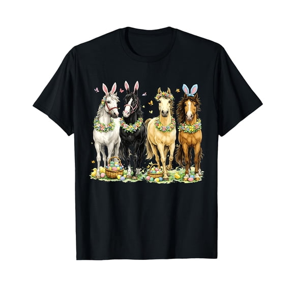Cute Easter Horse Bunny Ears Eggs Spring Floral Women T-Shirt