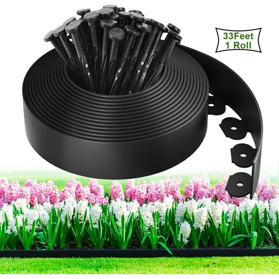 Landscape Edging Kit 33FT 1.5in Tall with 50 Spikes, No-Dig Plastic Flexible Edge Border for Landscaping, Lawn, Garden, Flower Beds, Yard, Black,1pack 33ft