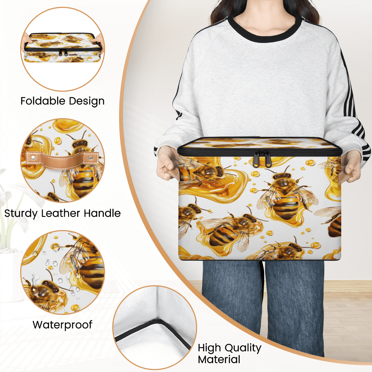 CURLYOOT Bee Fabric Storage Bins with Lids, Farmhouse Honey Bee Foldable Storage Boxes Washable Storage Cube, Closet Bedroom Home Organizer Containers with PU Leather Handles