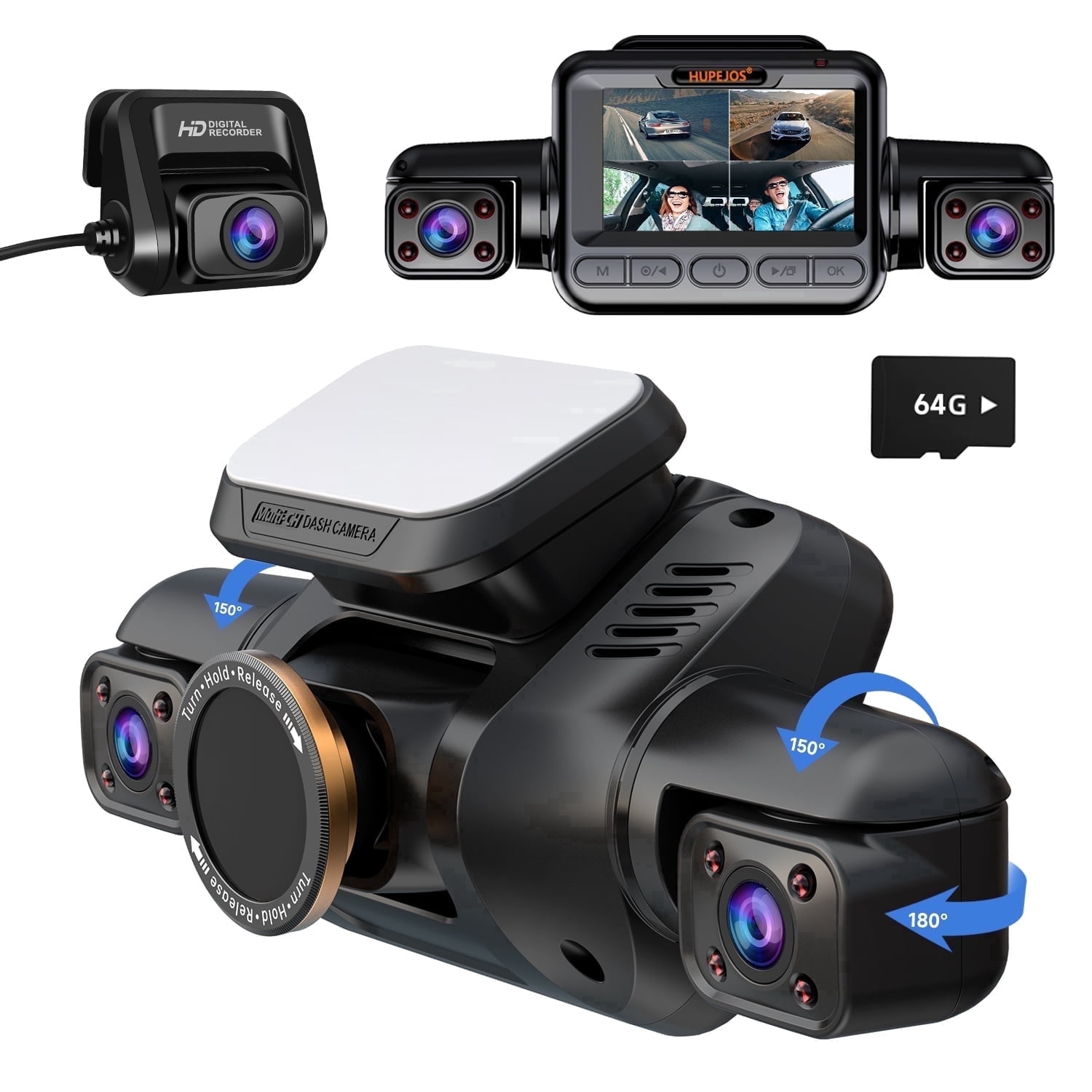 HUPEJOS 4K Dash Cam with Driver Monitoring System, 360° GPS Dashcam Front and Rear Inside, 4-Channel Car Camera 64GB SD Card, 5GHz WiFi, APP Supported, Night Vision, CPL Filter,Parking Mode