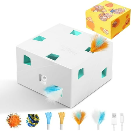 MY Automatic MigiBox Plus Cat Toys 3 n1 Interactive Pounce Mystery Under PopSkin 12 Holes Cardboard Kitten Toys for Indoor Rechargable 8 Accessories(White)