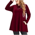 thumbnail image 4 of Women's Plus Size Long Sleeve V Neck Tops Buttons Tunic Shirts Solid Color Flowy Pleated Blouses Pullovers Red,XL, 4 of 5