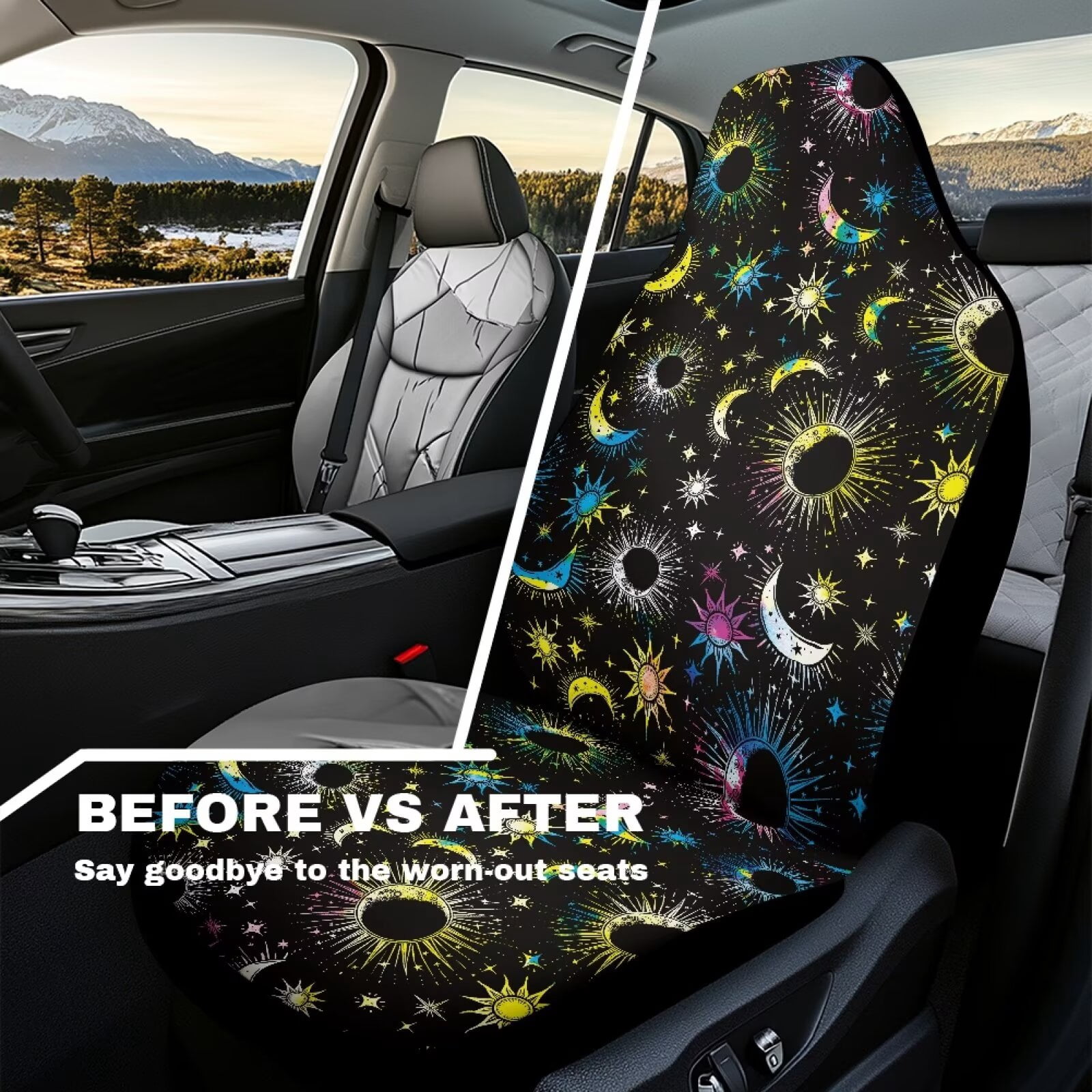 Yuyamidu Colorful Sun and Moon Car Seat Covers Front Seats Only, Waterproof Bucket Seat Cover Universal Fit for Car Truck Van and SUV Comfortable