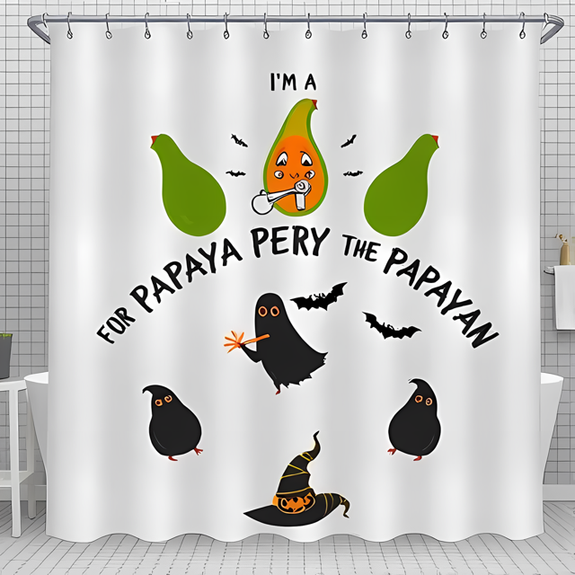 Halloween Papaya Shower Curtain - Perry the Papaya with Toothbrush Whimsical Design Fun & Festive Bathroom Decor