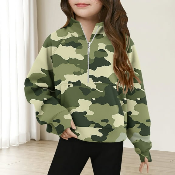 YUNAFFT Girls Camo Half-Zip Hoodie Thumbhole Cuffs Military Style Pullover