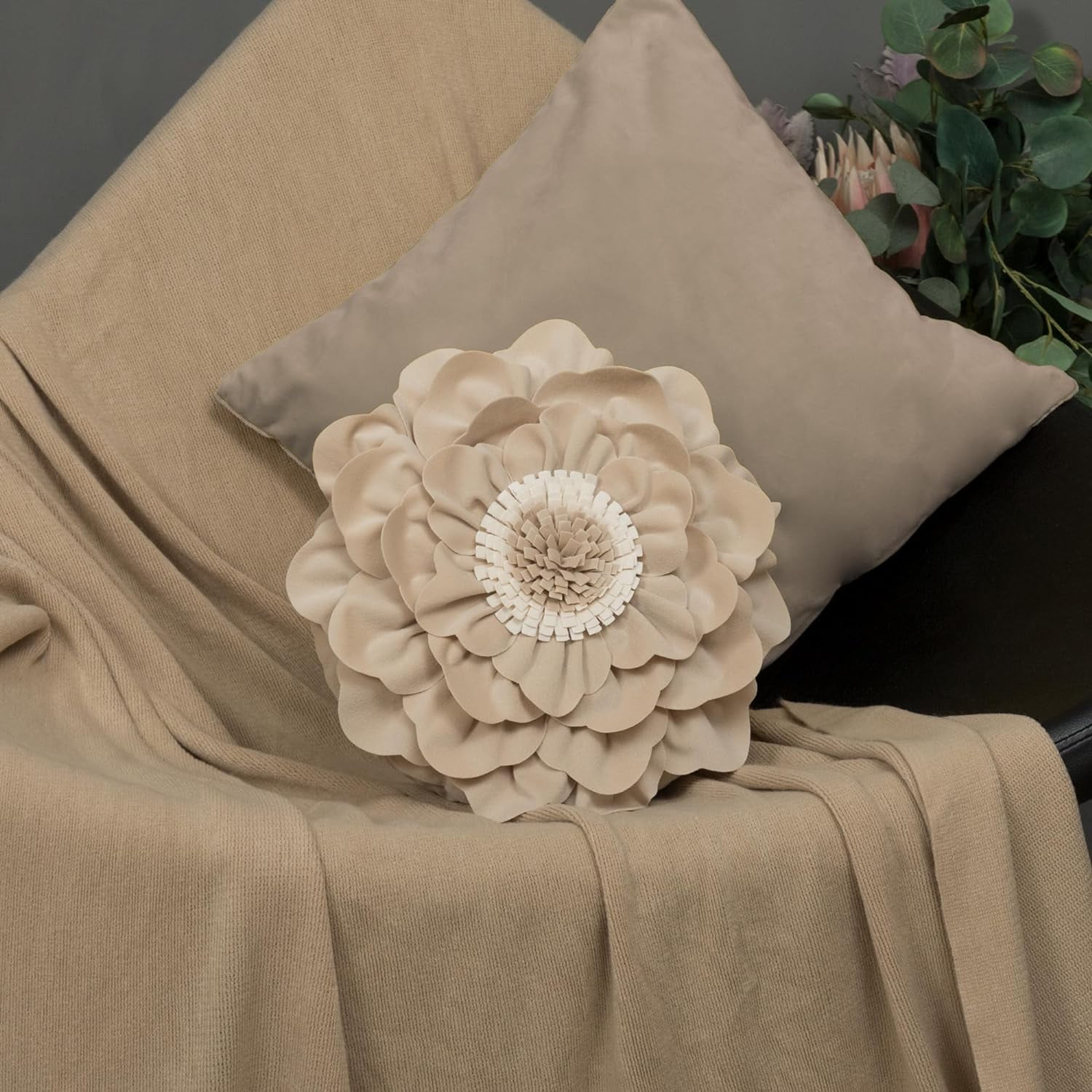 JWH 3D Round Handmade Decorative Peony Flower Throw Pillows 14inch Camel