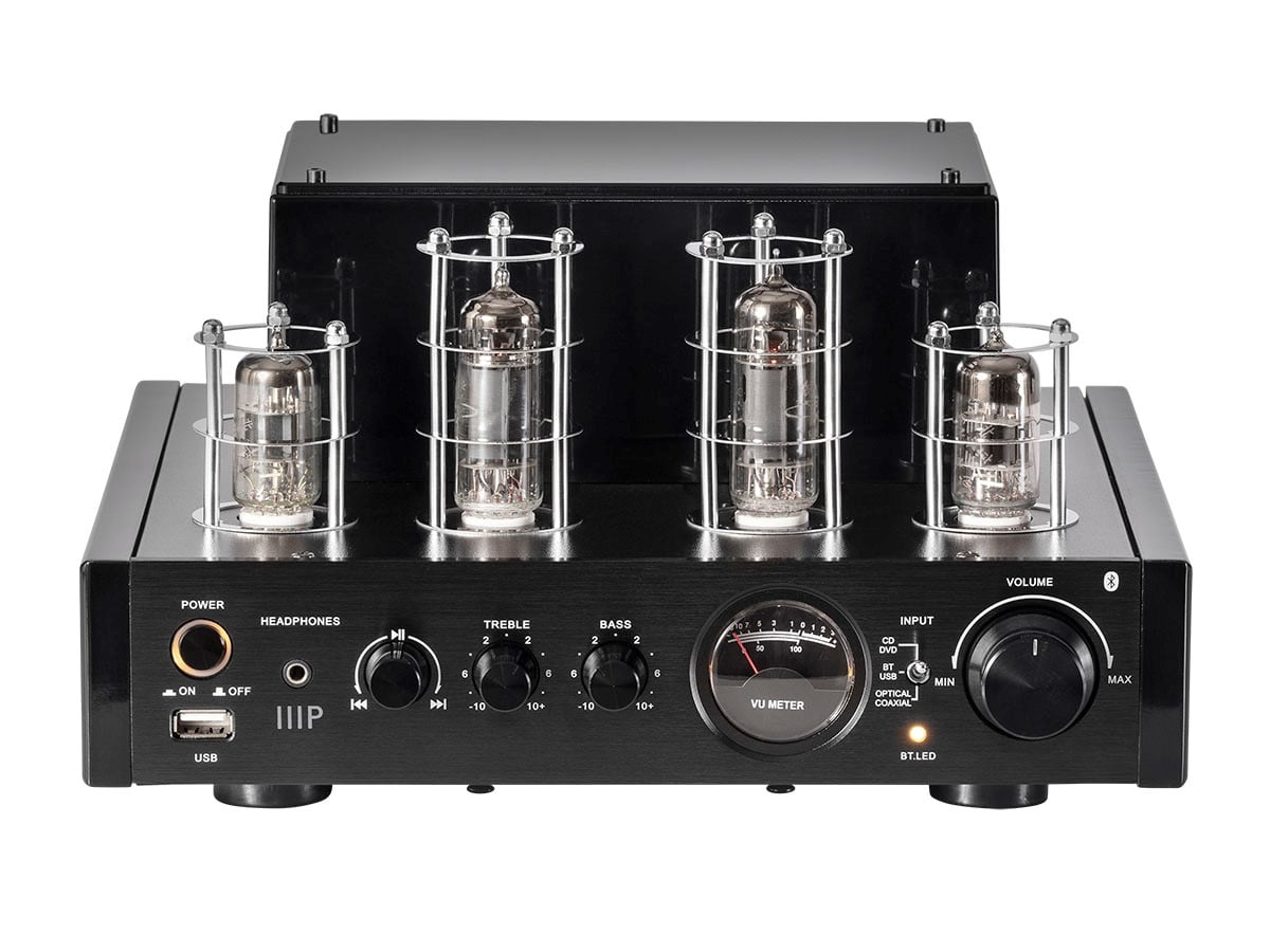Monoprice Stereo Hybrid Tube Amplifier 2019 Edition, 25 Watt With Bluetooth, Wired RCA, Optical, Coaxial, and USB Connections, and Subwoofer Out