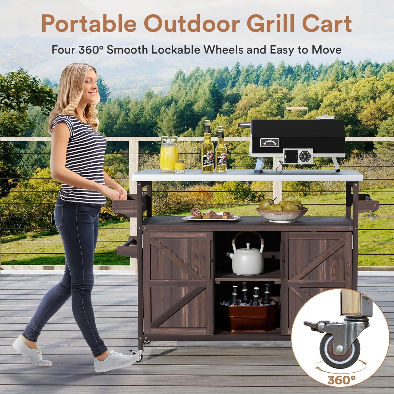 ZIVACATE Outdoor Grill Cart With Storage Solid Wood Kitchen Island on Wheel Stainless Steel Tabletop