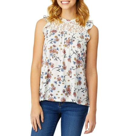 - Juniors' Printed Lace Yoke Flutter Sleeve Tank