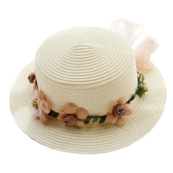 52-54cm hat circumference children's summer sun hat garland beach outdoor flat top hat sunscreen foldable straw hat - Milky white