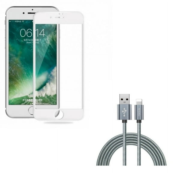 iPhone 8/7/6S/6 - Ceramics Screen Protector w Charger Cord 6ft USB Cable - Matte White 3D Curved Edge Full Cover Anti Glare, Power Wire Braided Long Sync for iPhone 8/7/6S/6