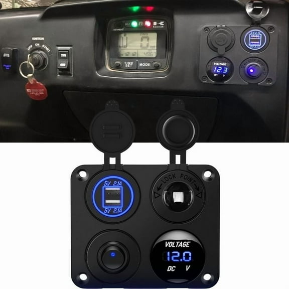 4 In 1 Marine Switch Panel, Dual USB Charger Socket Power Outlet & Cigarette Lighter Socket & LED Voltmeter & LED ON/Off Rocker Toggle Switch for Truck Car Marine Boats RV