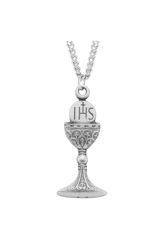 16kt Sterling Silver Traditional Chalice with Host Pendant, 1.0" x 0.5", 18" Rhodium Plated Stainless Steel Chain Necklace, 16kt Gold Plated, Made in USA - Deluxe Velvet Gift Box